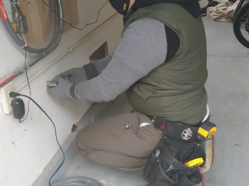 Electrician performing outlet wiring in a Goldendale garage